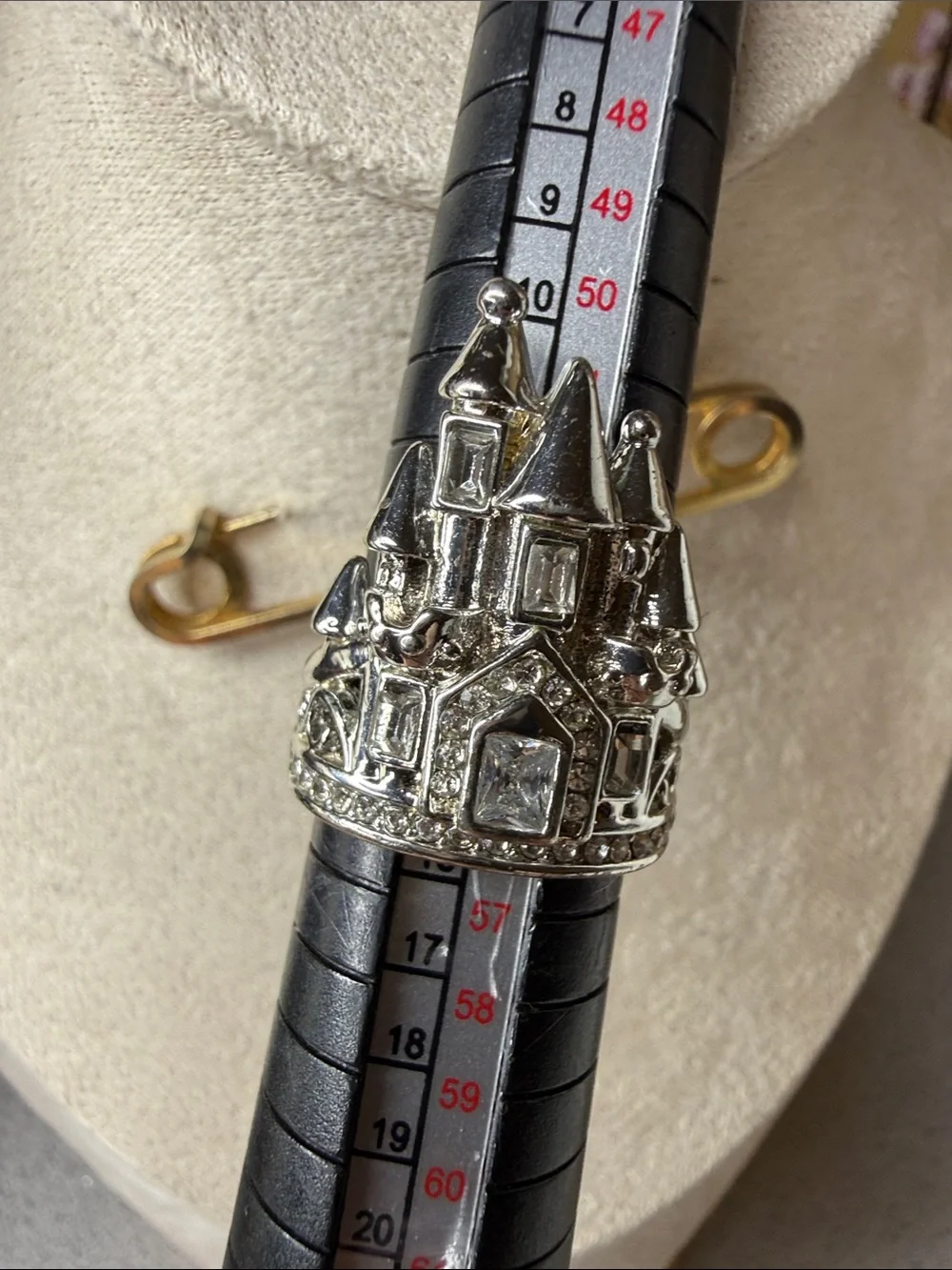 Silver tone fashion Castle Statement Ring with Clear Stones
